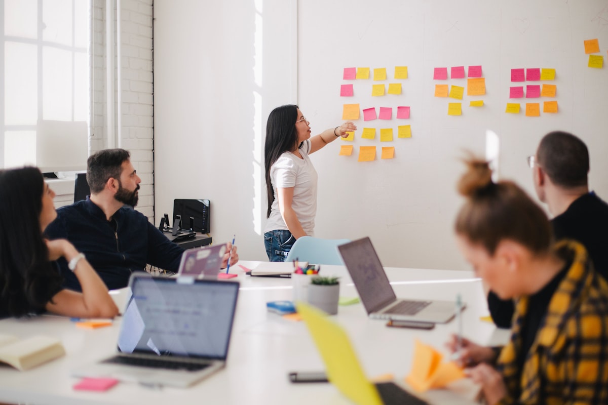 Mapping out a growth strategy on a planning board of notes.